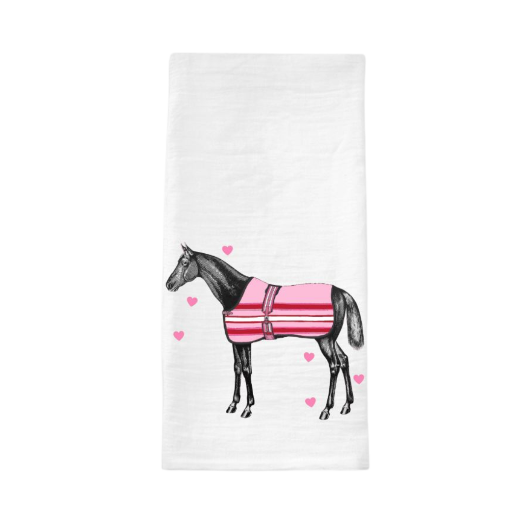 The Style of the Sporting Life™ Lilly Horse Pink Blanket with Floating Hearts Tea Towel - Set of 2