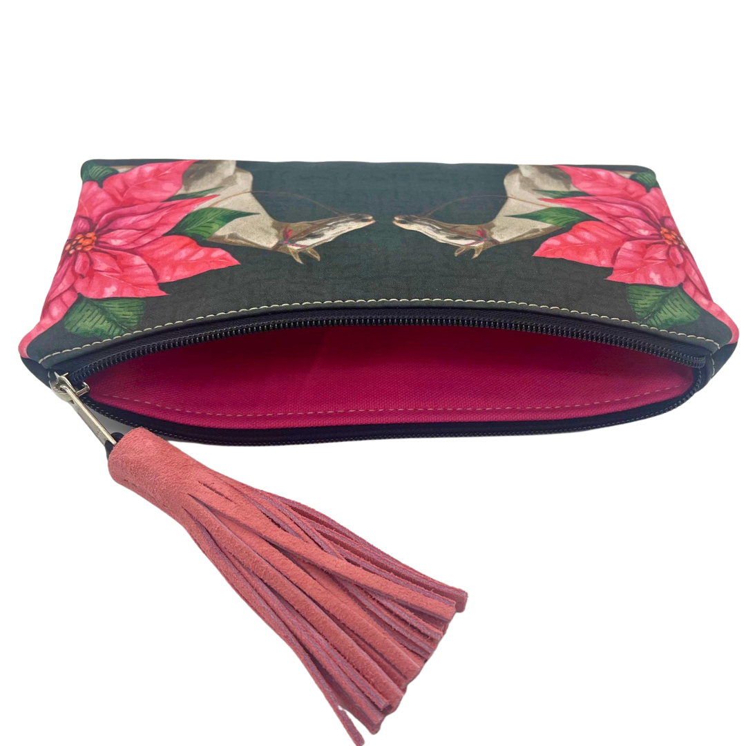 Pink Poinsettia Flower Tassel Clutch Pouch - Limited Edition