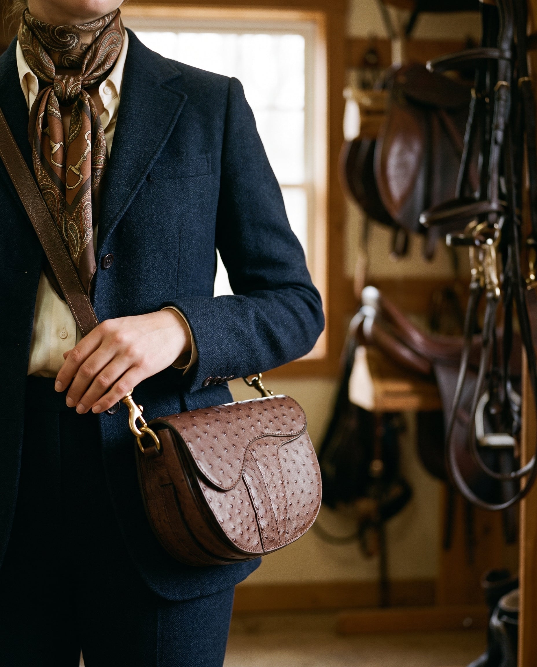 Chocolate Ostrich Windsor Saddle Bag - Chocolate Ostrich
