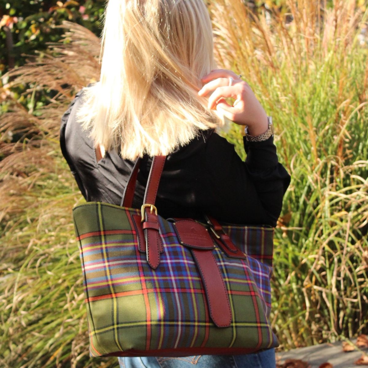 Smaller Leather Bag top with a Harris Tweed Contrast Panel. Rob Roy Tartan, Buffalo Plaid Acorn Style Crossbody Zippered Tote. Made in Canada